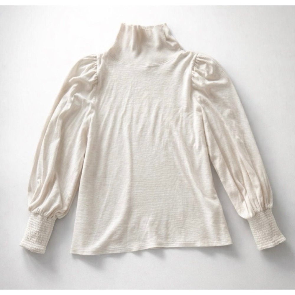 Nation LTD Cream Pima Cotton Puff Sleeve Mock Neck Top Minimalist Neutral Boho-M